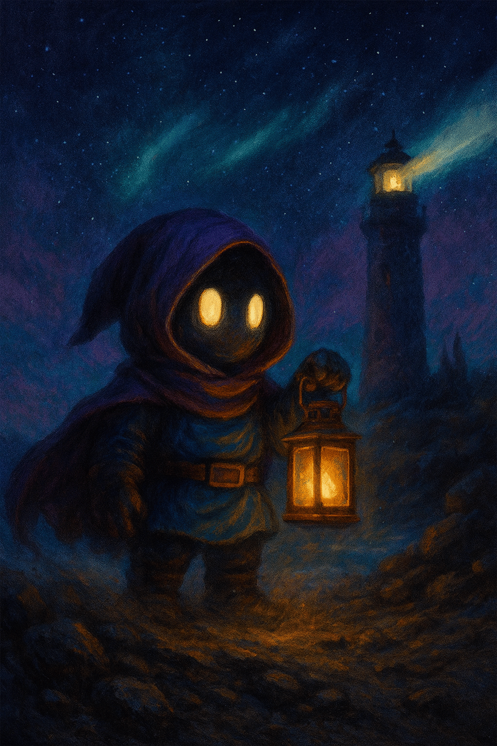 Lume, o guardião da luz, com sua lanterna acesa diante do Farol dos Mundos sob um céu de aurora